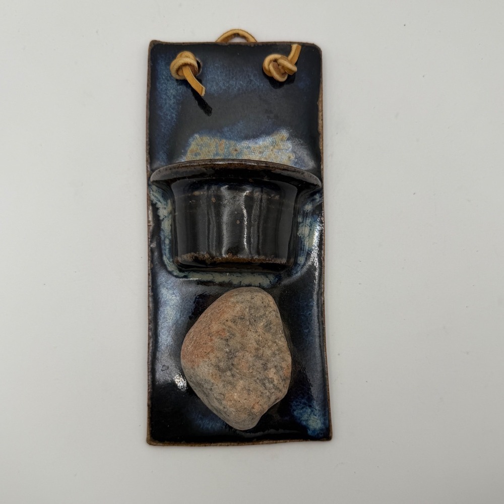 Studio Pottery Wall Pocket Planter Blue Glaze Ceramic Stone Leather 7"